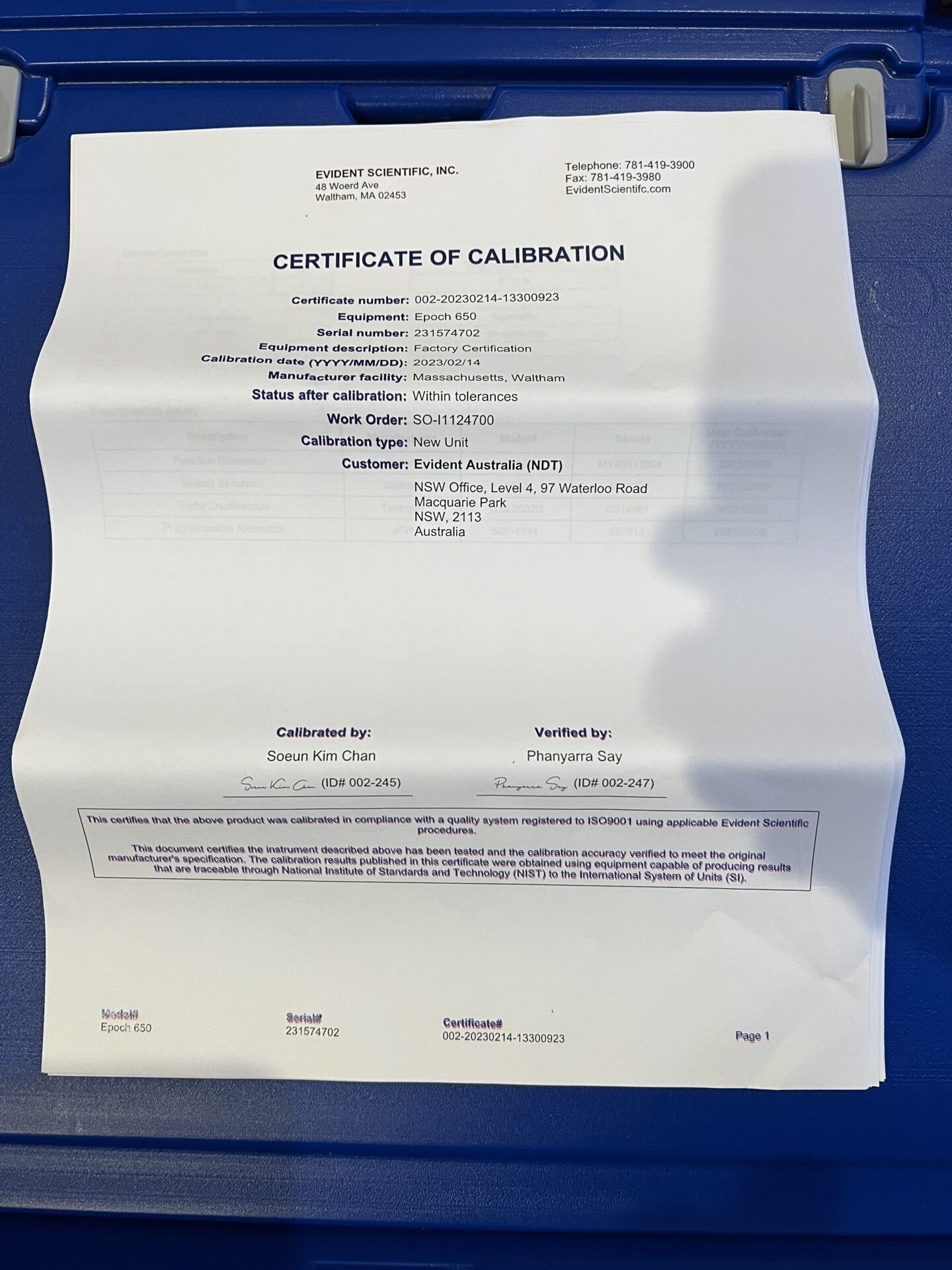 Epoch 650 Certificate Of Calibration Epoch 650 Certificate of Calibration